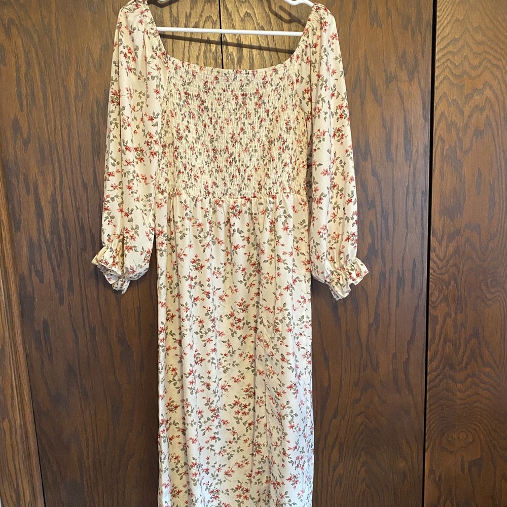 Puff Sleeve Smocked Midi Dress with Slit